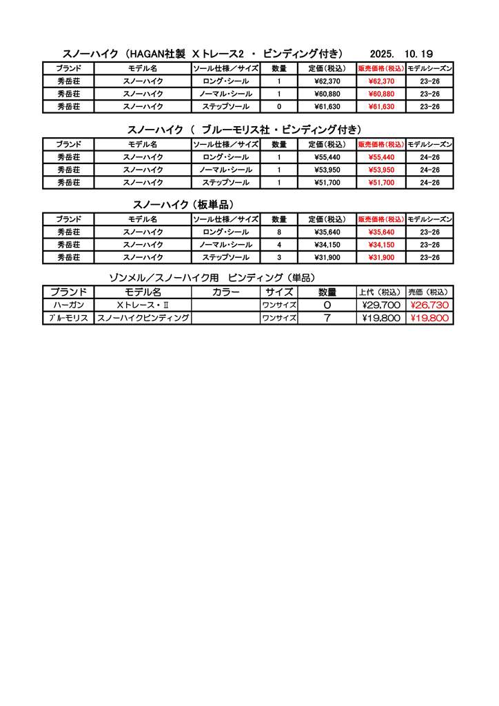 旭川店スノーハイク在庫2025.10.19