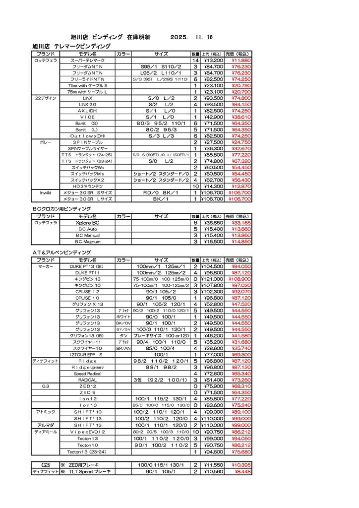 旭川店スキービンディング在庫-2025.11.16