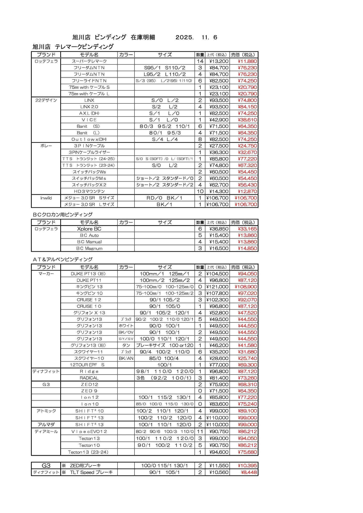 旭川店スキービンディング在庫2025.11.6