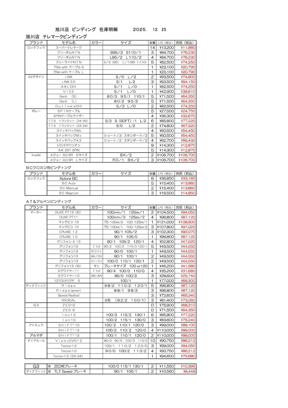 旭川店スキービンディング在庫2025.12.25